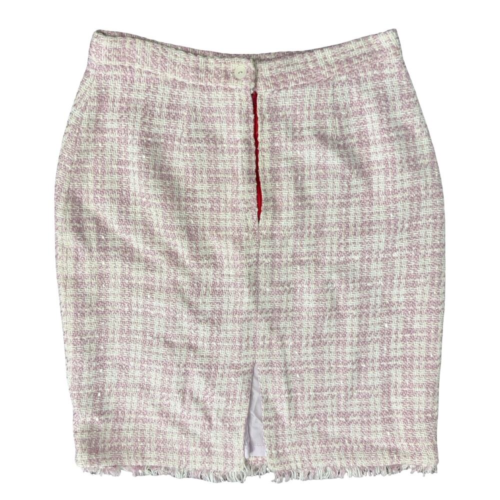 Chantal Gaudreau Pink White Tweed Fringe Hem Pencil Skirt Size 10 Barbiecore - Picture 7 of 8